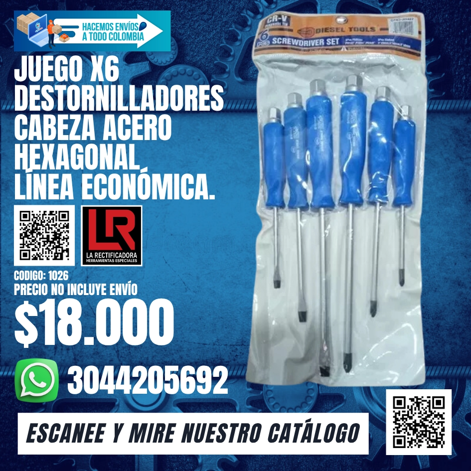 1026 JUEGO X6 DESTORNILLADORES CABEZA ACERO HEXAGONAL LÍNEA ECONÓMICA.