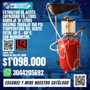 EXTRACTOR DE ACEITE CAPACIDAD 70 LITROS BANDEJA 10 LITROS MÁXIMA TRABAJO 150 PSI TEMPERATURA DEL ACEITE ENTRE 40°C - 60°C. CON MANÓMETRO.