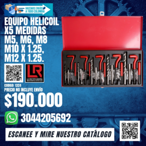 EQUIPO HELICOIL X 5 MEDIDAS M5, M6, M8, M10 X 1.25, M12 X 1.25