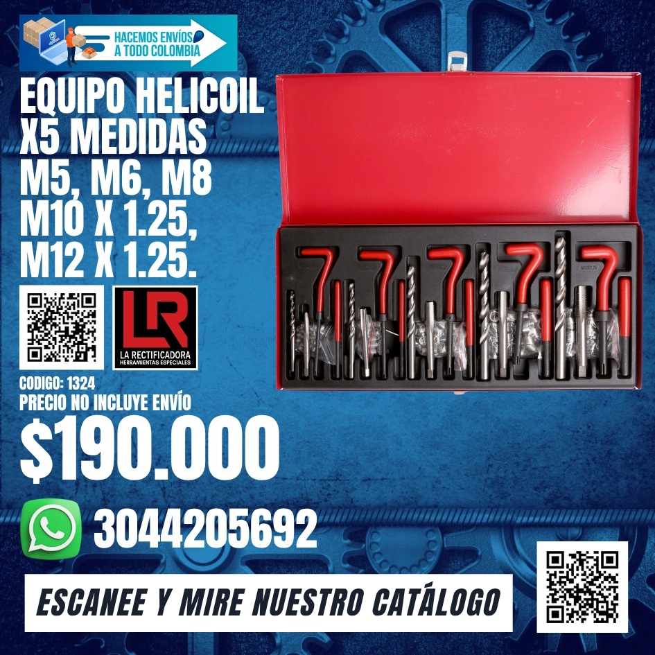1324 EQUIPO HELICOIL X 5 MEDIDAS M5, M6, M8, M10 X 1.25, M12 X 1.25