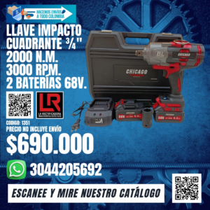 LLAVE IMPACTO CUADRANTE ¾" 2000 N.M.3000 RPM. 2 BATERÍAS 68V.