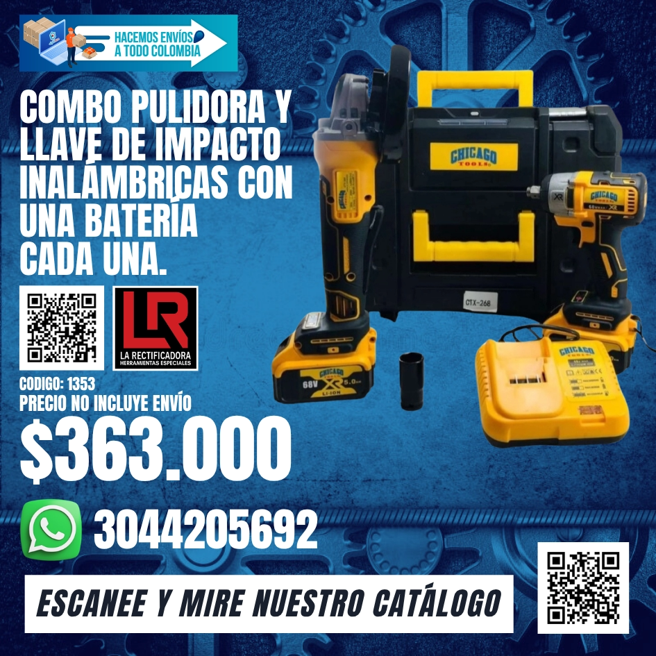 1353 COMBO PULIDORA Y LLAVE DE IMPACTO INALÁMBRICAS CON UNA BATERÍA CADA UNA.