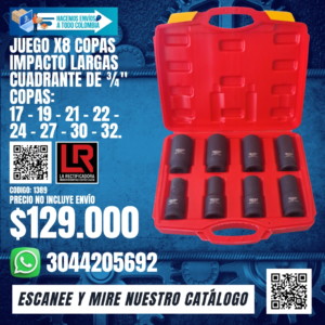 JUEGO X8 COPAS IMPACTO Largas CUADRANTE DE ¾" COPAS:  17 - 19 - 21 - 22 - 24 - 27 - 30 - 32.