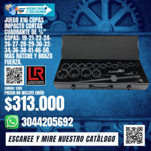 JUEGO X16 COPAS IMPACTO CORTAS CUADRANTE DE ¾" COPAS: 19-21-22-24-26-27-28-29-30-32-34-36-38-41-46-50. MÁS RATCHE Y BRAZO FUERZA.