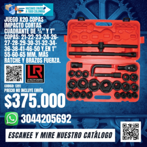 JUEGO X20 COPAS IMPACTO CORTAS CUADRANTE DE ¾" Y 1" COPAS: 21-22-23-24-26-27-28-29-30-31-32-34-36-38-41-46-50 Y EN 1" 55-60-65 MM. MÁS RATCHE Y BRAZOS FUERZA