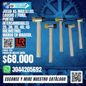 JUEGO X5 MARTILLOS CAUCHO / FIBRA, PUNTAS INTERCAMBIABLES 25, 30, 35, 40, 45 MILÍMETROS MANGO EN MADERA.