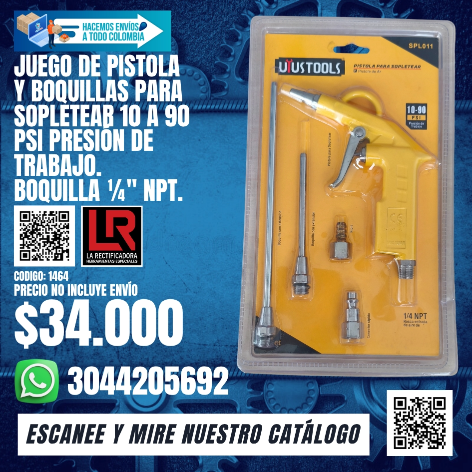 1464 JUEGO DE PISTOLA Y BOQUILLAS PARA SOPLETEAR 10 A 90 PSI PRESIÓN DE TRABAJO. BOQUILLA
