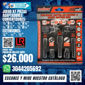 JUEGO X7 PIEZAS ADAPTADORES CONVERTIDORES: ½"A⅜" - ⅜"A¼" ⅜"A½" - ¼"A⅜" EXTENSORES: ¼" - ⅜" - ½"