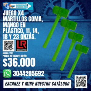 JUEGO X4 MARTILLOS GOMA, MANGO EN PLÁSTICO, 11, 14, 18 Y 23 ONZAS.