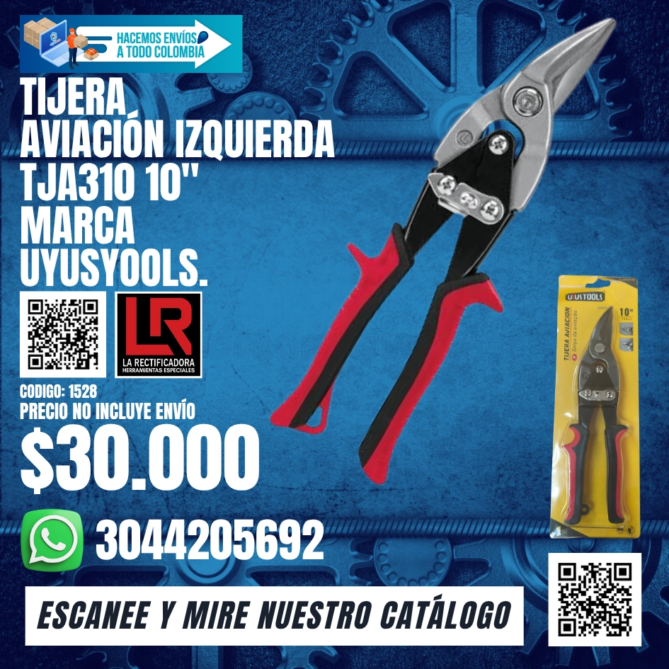 1528 Tijera aviacion izquierda 10, Uyustools ref TJA310, Tijera hojalatero corte izquierdo, Herramienta para cortar laminas metalicas, Tijera de aviacion profesional