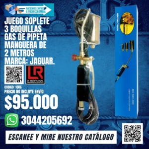 JUEGO SOPLETE 3 BOQUILLAS GAS DE PIPETA MANGUERA DE 2 METROS MARCA: JAGUAR.