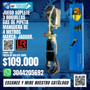 JUEGO SOPLETE 3 BOQUILLAS GAS DE PIPETA MANGUERA DE 4 METROS MARCA: JAGUAR.