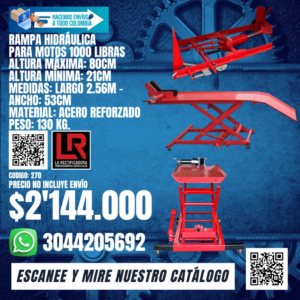 RAMPA HIDRÁULICA PARA MOTOS 1000 LIBRAS ALTURA MÁXIMA: 80cms