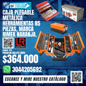 CAJA PLEGABLE METÁLICA HERRAMIENTAS 85 PIEZAS, MARCA RIMEK NARANJA.