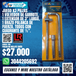 JUEGO X3 PIEZAS 1 VOLVEDOR DE GARROTE, 1 EXTENSOR DE 3" LARGO, 1 BRAZO PALANCA DE FUERZA. TODOS CON CUADRANTE DE ½".