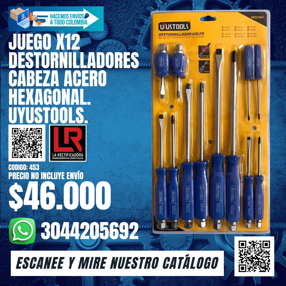 453 JUEGO X12 DESTORNILLADORES CABEZA ACERO HEXAGONAL. UYUSTOOLS.