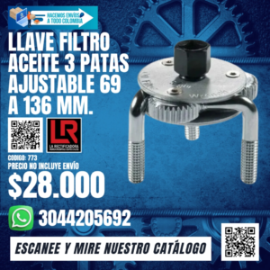 LLAVE FILTRO ACEITE 3 PATAS AJUSTABLE 69 A 136 MM.