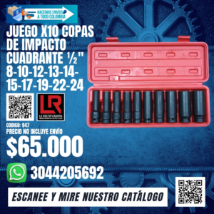 JUEGO X10 COPAS DE IMPACTO CUADRANTE ½" 8-10-12-13-14-15-17-19-22-24