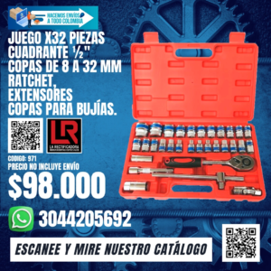 JUEGO X32 PIEZAS CUADRANTE ½" COPAS DE 8 A 32 MM RATCHET, EXTENSORES COPAS PARA BUJÍAS