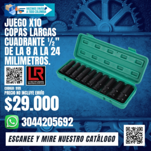 JUEGO X10 COPAS LARGAS Cuadrante ½" DE LA 8 A LA 24 MILIMETROS.