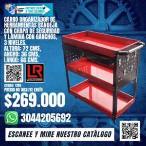 CARRO ORGANIZADOR DE HERRAMIENTAS BANDEJA CON CHAPA DE SEGURIDAD Y LÁMINA CON GANCHOS, 3 NIVELES.