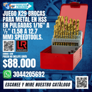 JUEGO X29 BROCAS PARA METAL EN HSS EN PULGADAS 1/16" A ½" (1.58 A 12.7 MM) SPEEDTOOLS.
