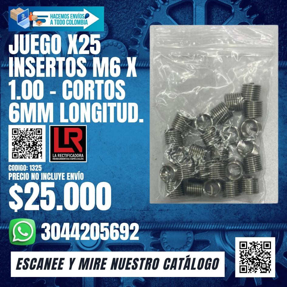 1325 Juego X25 Insertos Helicoil M6X1.00 Cortos 6mm Longitud