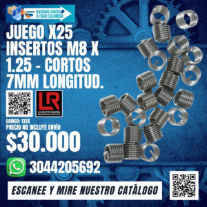 JUEGO X25 INSERTOS HELICOIL M8X1.25 CORTOS 7MM LONGITUD