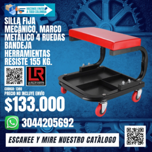 SILLA FIJA MECÁNICO, MARCO METÁLICO 4 RUEDAS BANDEJA HERRAMIENTAS RESISTE 155 KG.