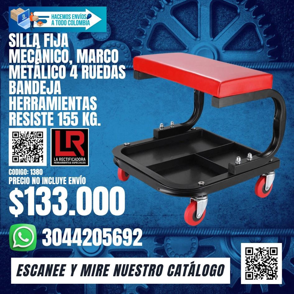 1380 Silla Fija Mecanico Marco metalico 4 Ruedas Bandeja Herramientas resiste 155 kg