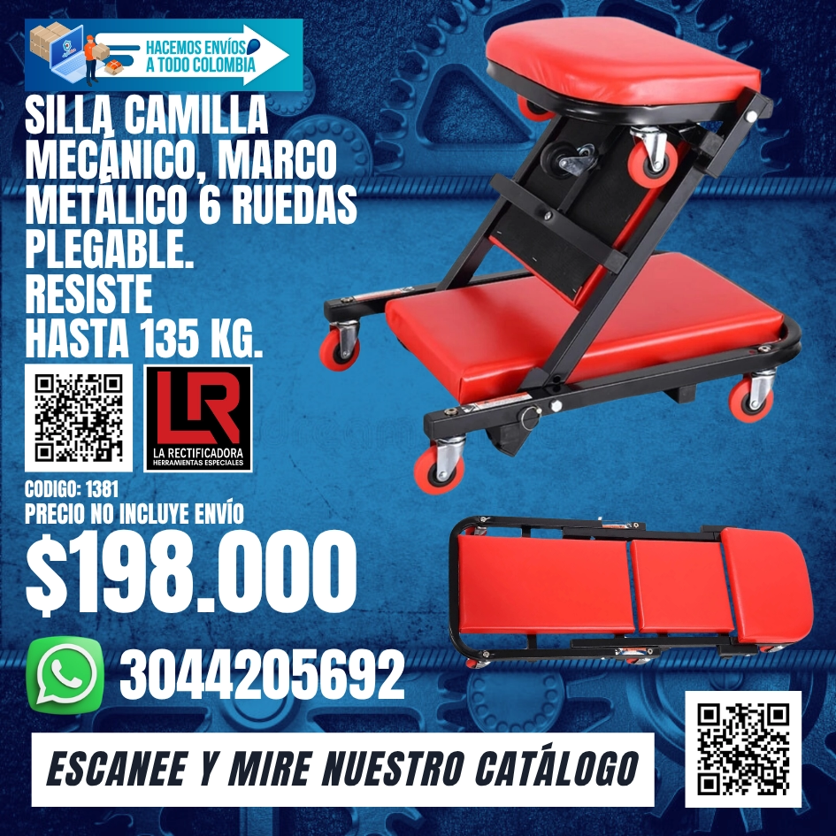 1381 SILLA CAMILLA MECÁNICO, MARCO METÁLICO 6 RUEDAS PLEGABLE. RESISTE HASTA 135 KG.