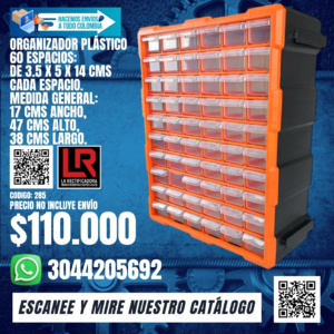 ORGANIZADOR PLÁSTICO 60 ESPACIOS: DE 3.5 X 5 X 14 CMS CADA ESPACIO.