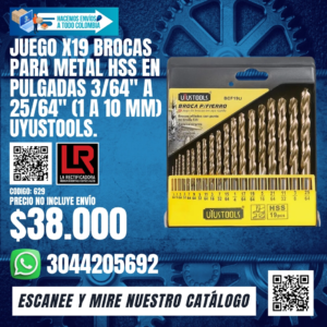 JUEGO X19 BROCAS PARA METAL HSS EN PULGADAS 3/64" A 25/64" (1 A 10 MM) UYUSTOOLS.