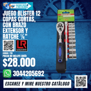 JUEGO BLISTER 12 COPAS CORTAS, CON BRAZO EXTENSOR Y RATCHE ¼"